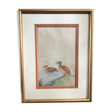 Old painting drawing watercolor duck view + vintage golden frame