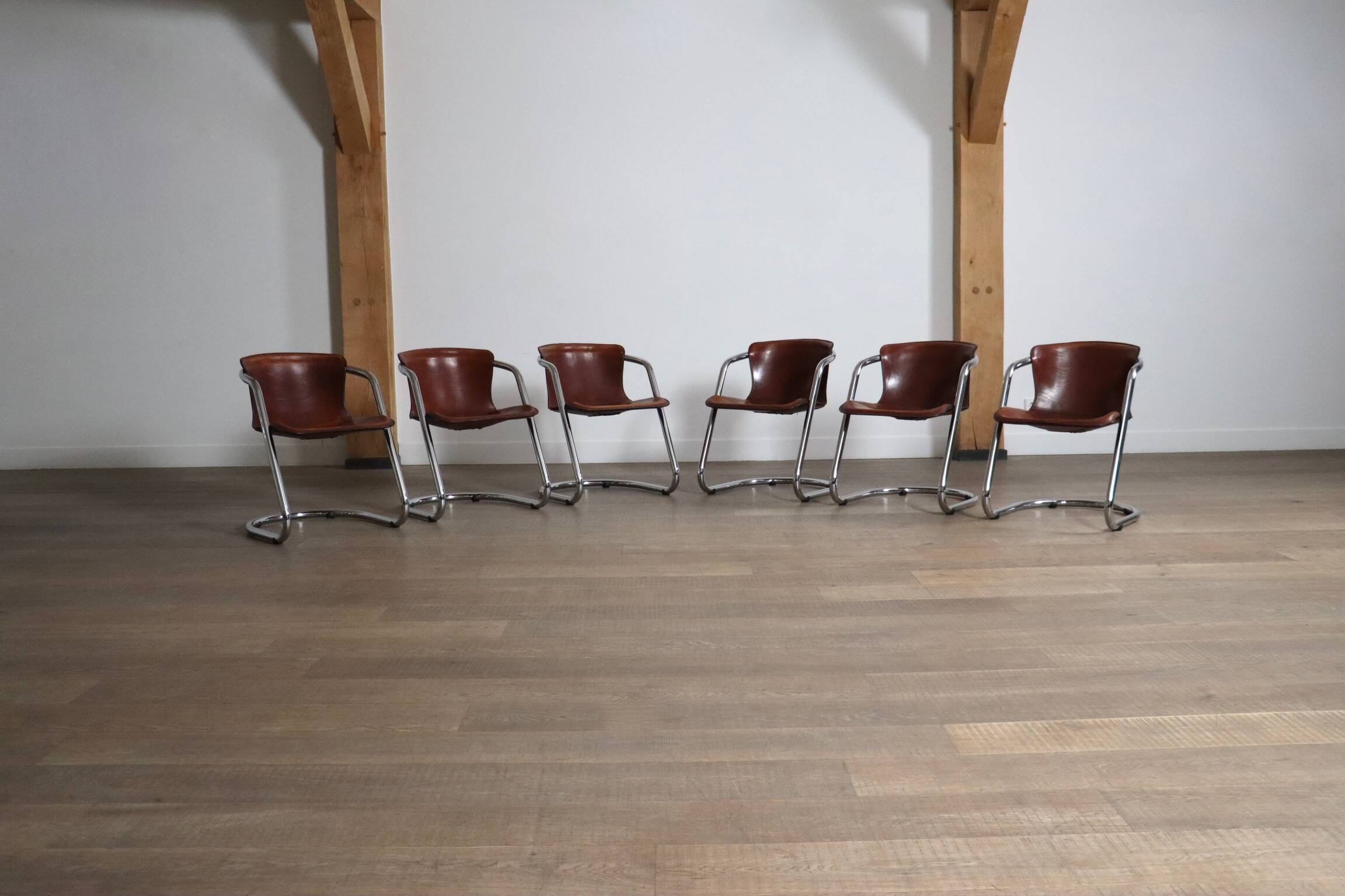 Set of 6 tubular chrome and saddle leather dining chairs for Metaform, 1970
