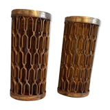 Photophores moucharabieh style candlesticks in brass and orange bubbled glass