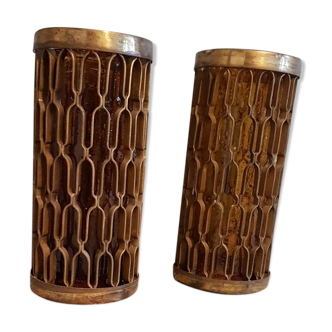 Photophores moucharabieh style candlesticks in brass and orange bubbled glass