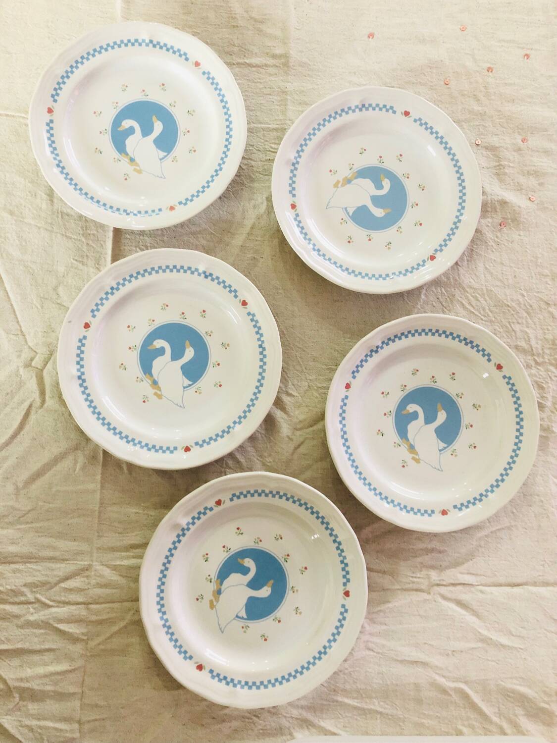 Set of 5 vintage dessert plates retro earthenware geese patterns stoneware moonlight