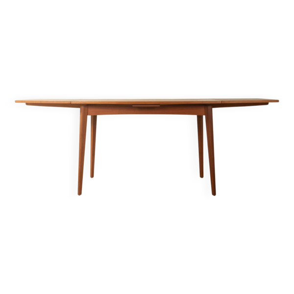 Table à manger élégante des années 60 avec fonction d'extension, en placage de teck.