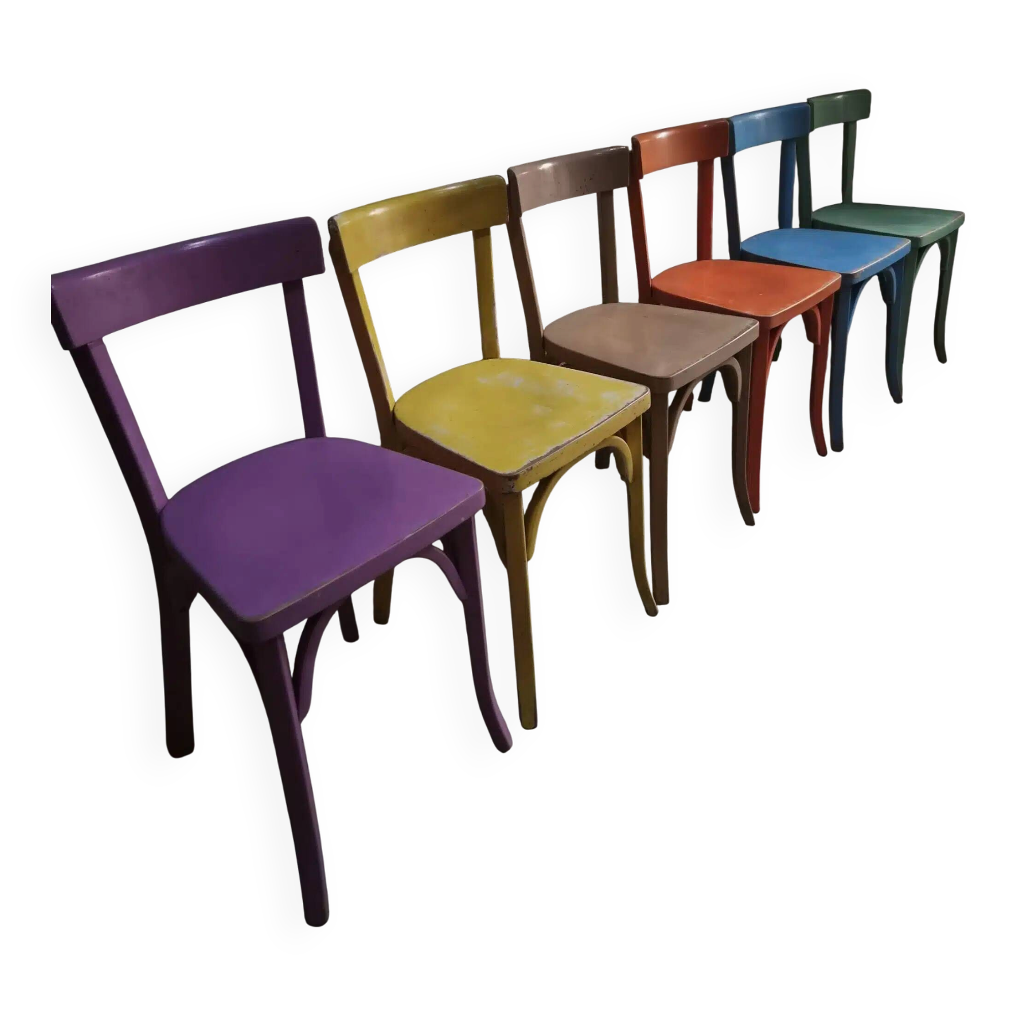 Chaises bistrot françaises Baumann en couleurs variées, lot de 6, années 1950