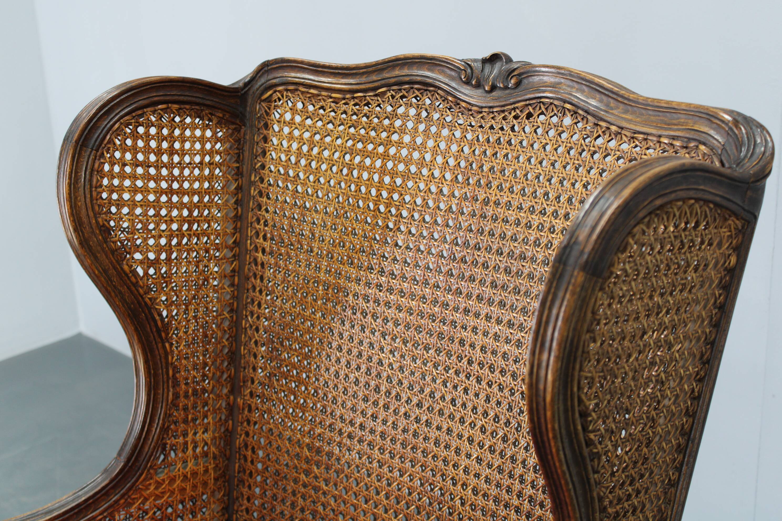 Antique Carved Wing Chair with Cane Sides , Czechoslovakia