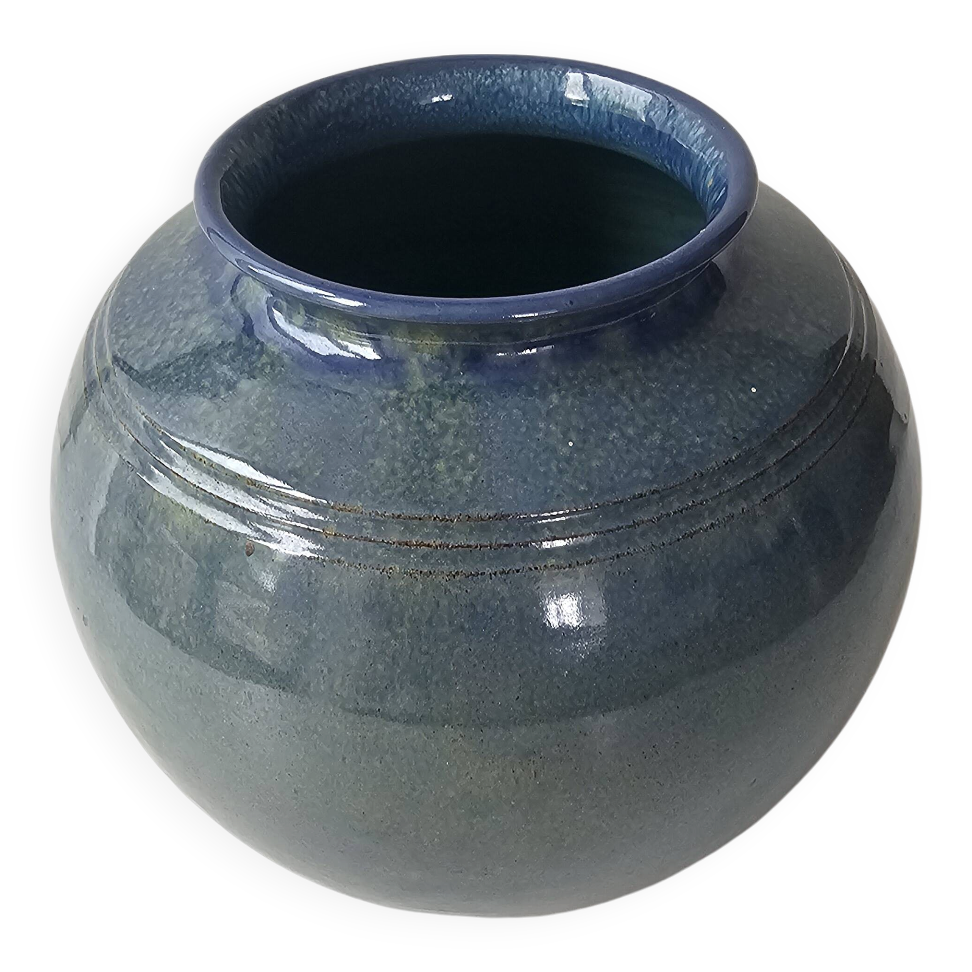 Blue-green ceramic round vase signed (Pictogram to be identified)
