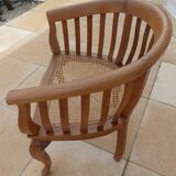 2 Colonial armchairs in natural solid wood with cane seats