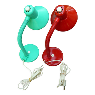 Pair of aluminor desk lamp, green and red, vintage 70s