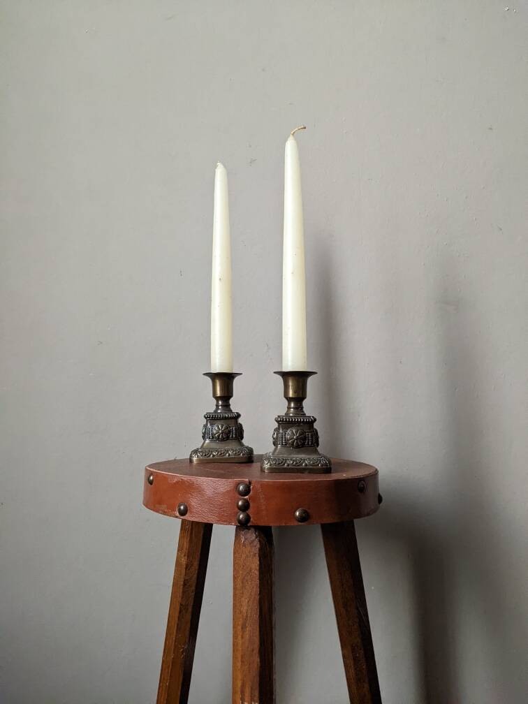 Pair of antique bronze candlesticks, bohemian country decor