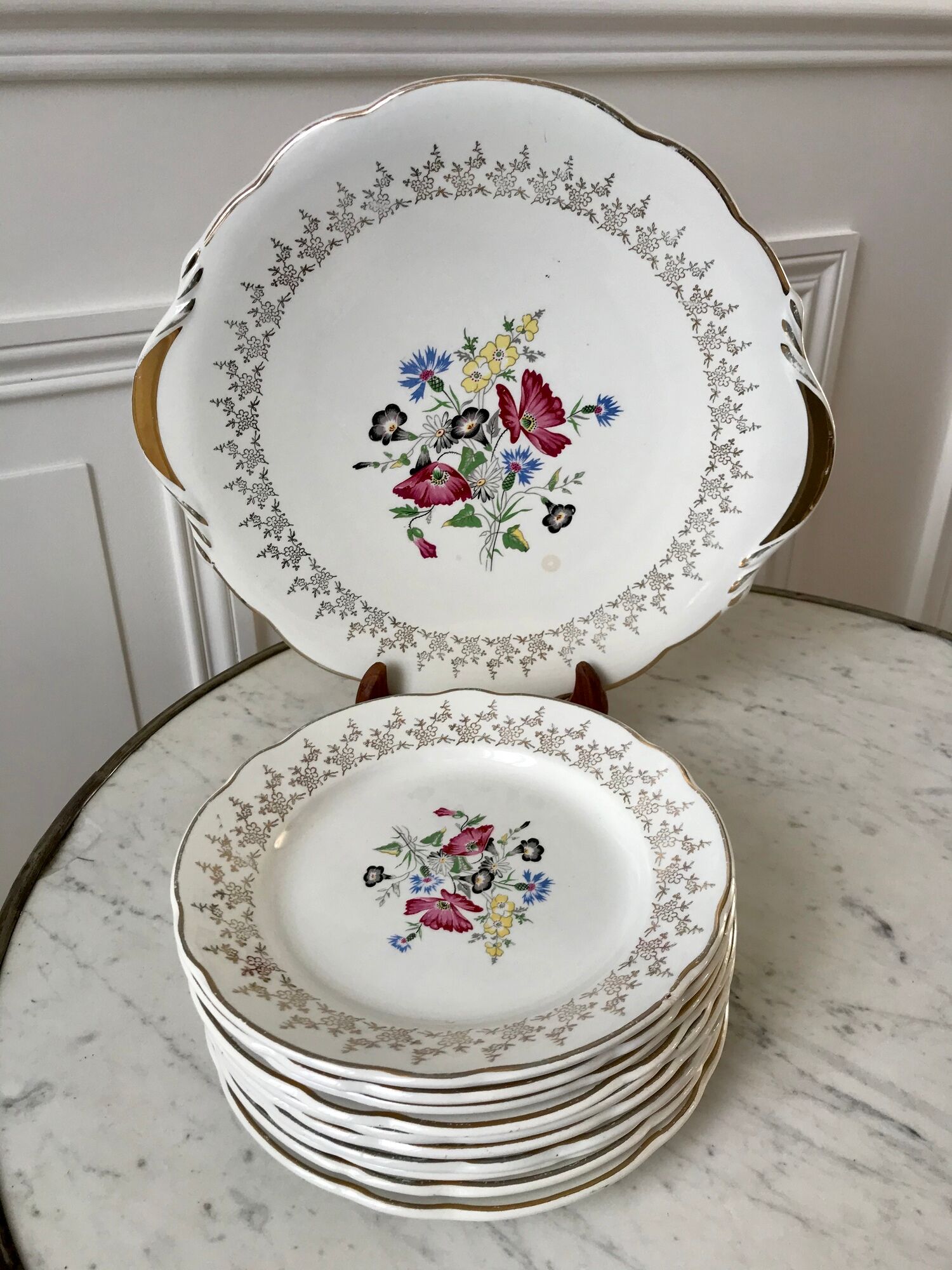 Dessert service cake dish and 10 dessert plates Digoin Sarreguemines Pamplona 50s