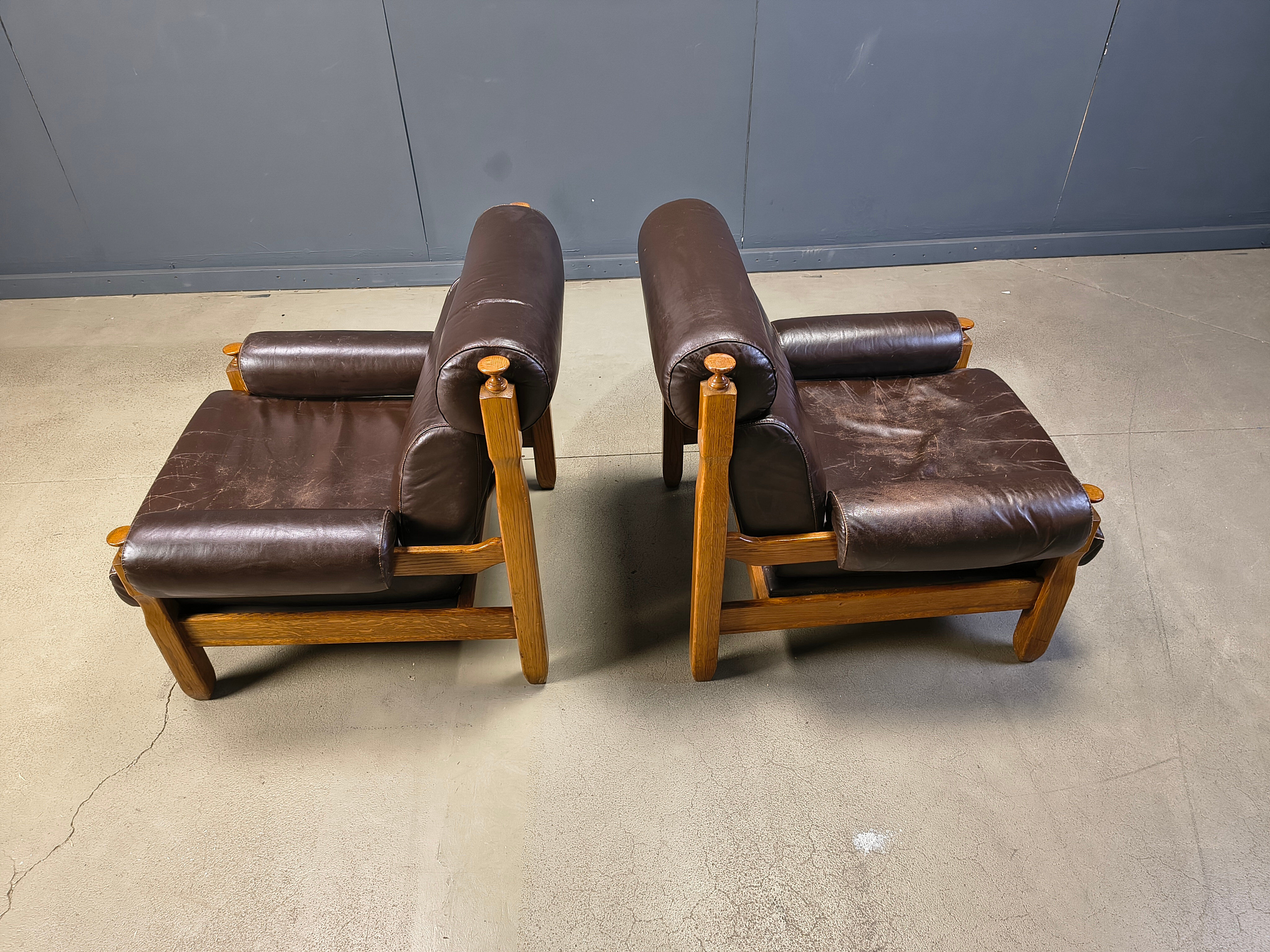Vintage rustic brown leather and oak armchairs, 1960s - set of 2