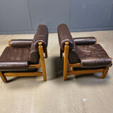 Vintage rustic brown leather and oak armchairs, 1960s - set of 2