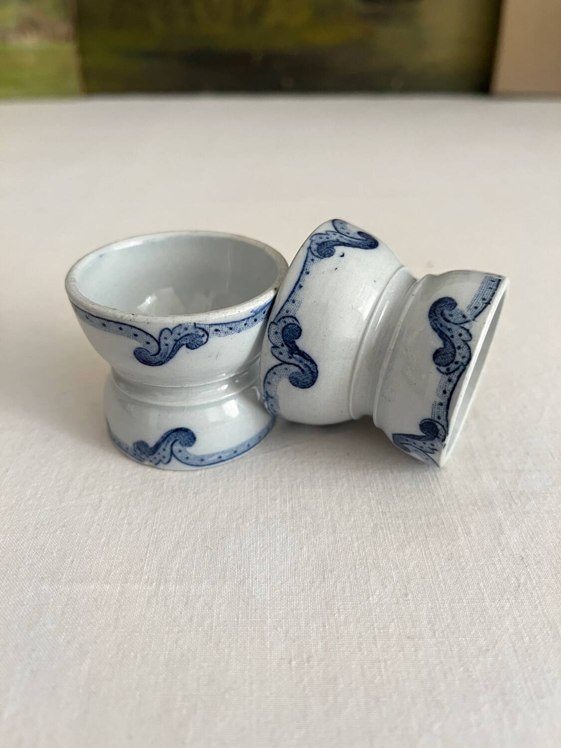 2 old diabolo egg cups, iron earth “Dutch” Creil and Montereau