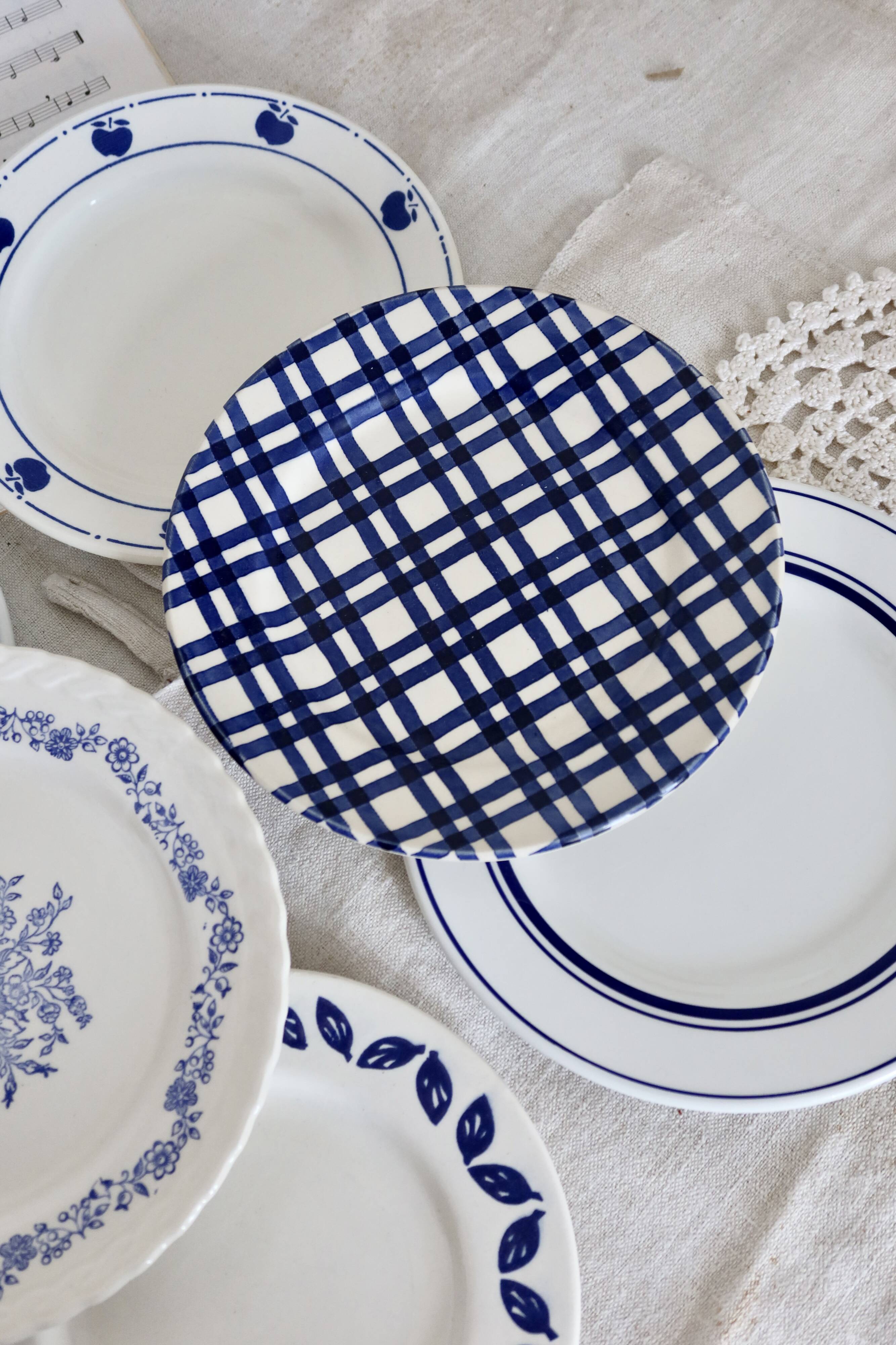 6 vintage earthenware and blue and white porcelain dessert plates - Roxanna lot