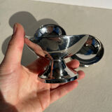 Set of 4 metal glasses / vintage stainless steel ice cream cups on a stand.