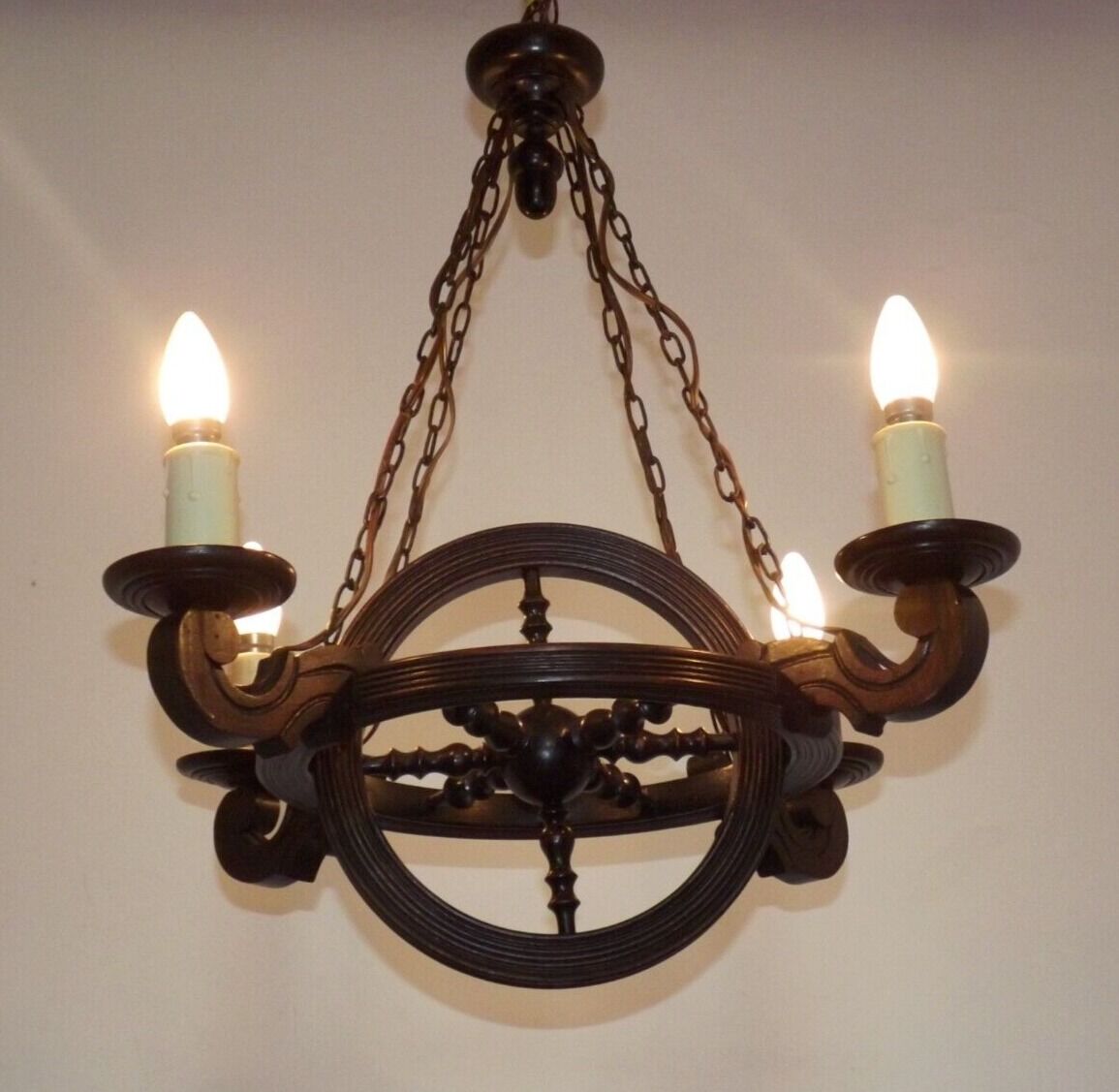 French vintage rustic 4 light wheel chandelier hand