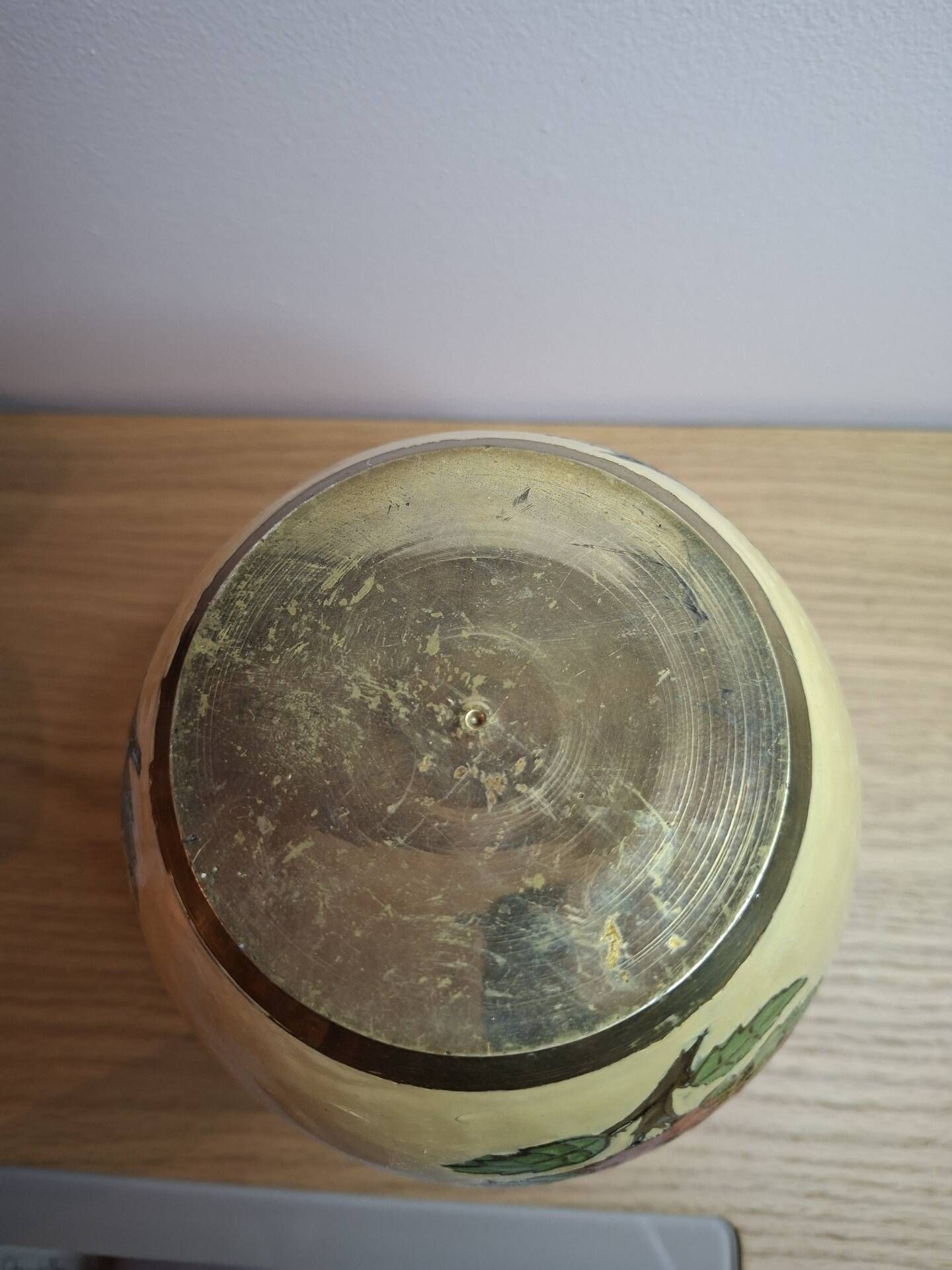Vintage enamelled brass round vase with handmade floral decoration.