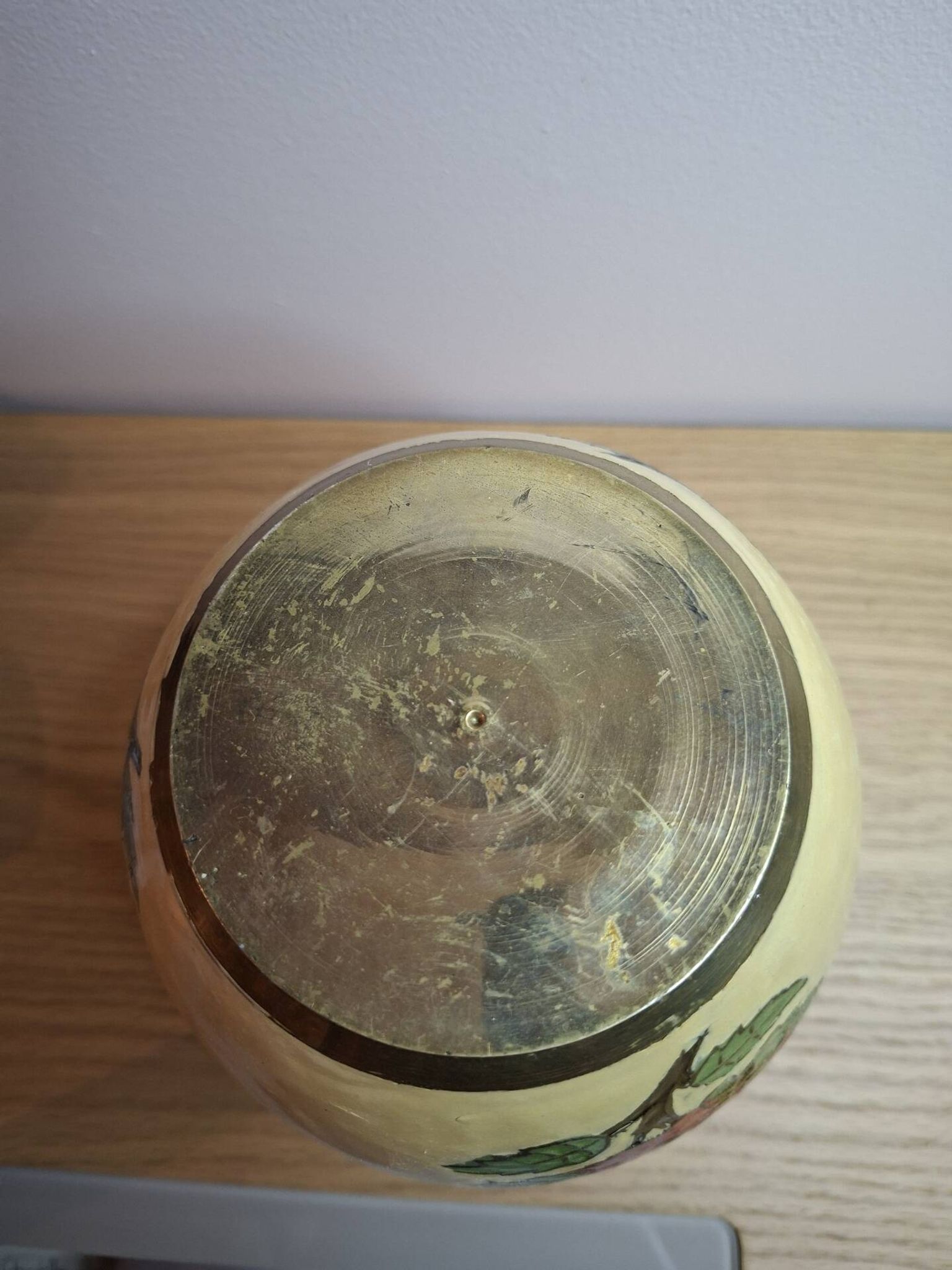 Vintage enamelled brass round vase with handmade floral decoration.
