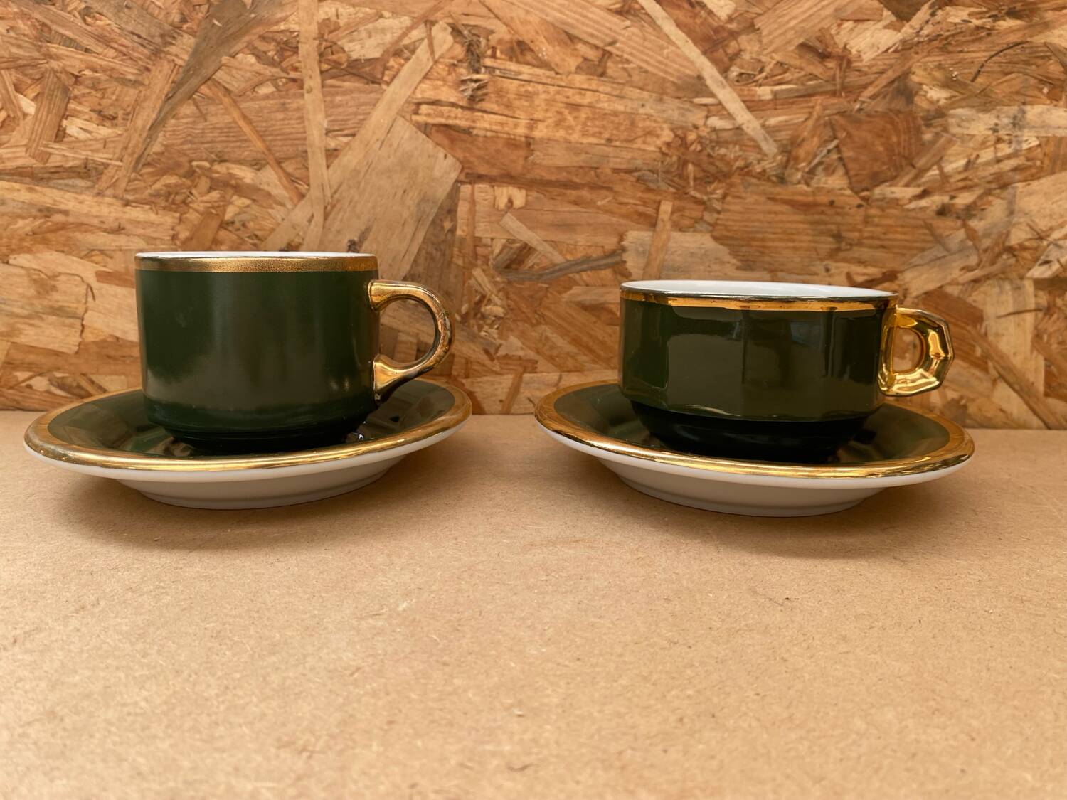 Pair of antique pillivuyt green & gold porcelain vintage cups