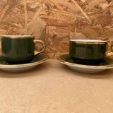 Pair of antique pillivuyt green & gold porcelain vintage cups