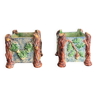 Antique Cache Pot Planter Barbotine Earthenware Enamelled Majolica