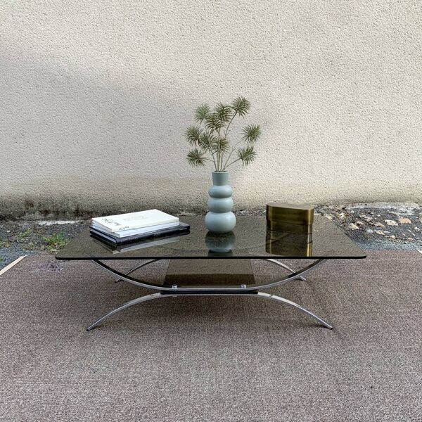 Table basse double verre fumé et chrome 1980