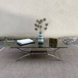 Table basse double verre fumé et chrome 1980