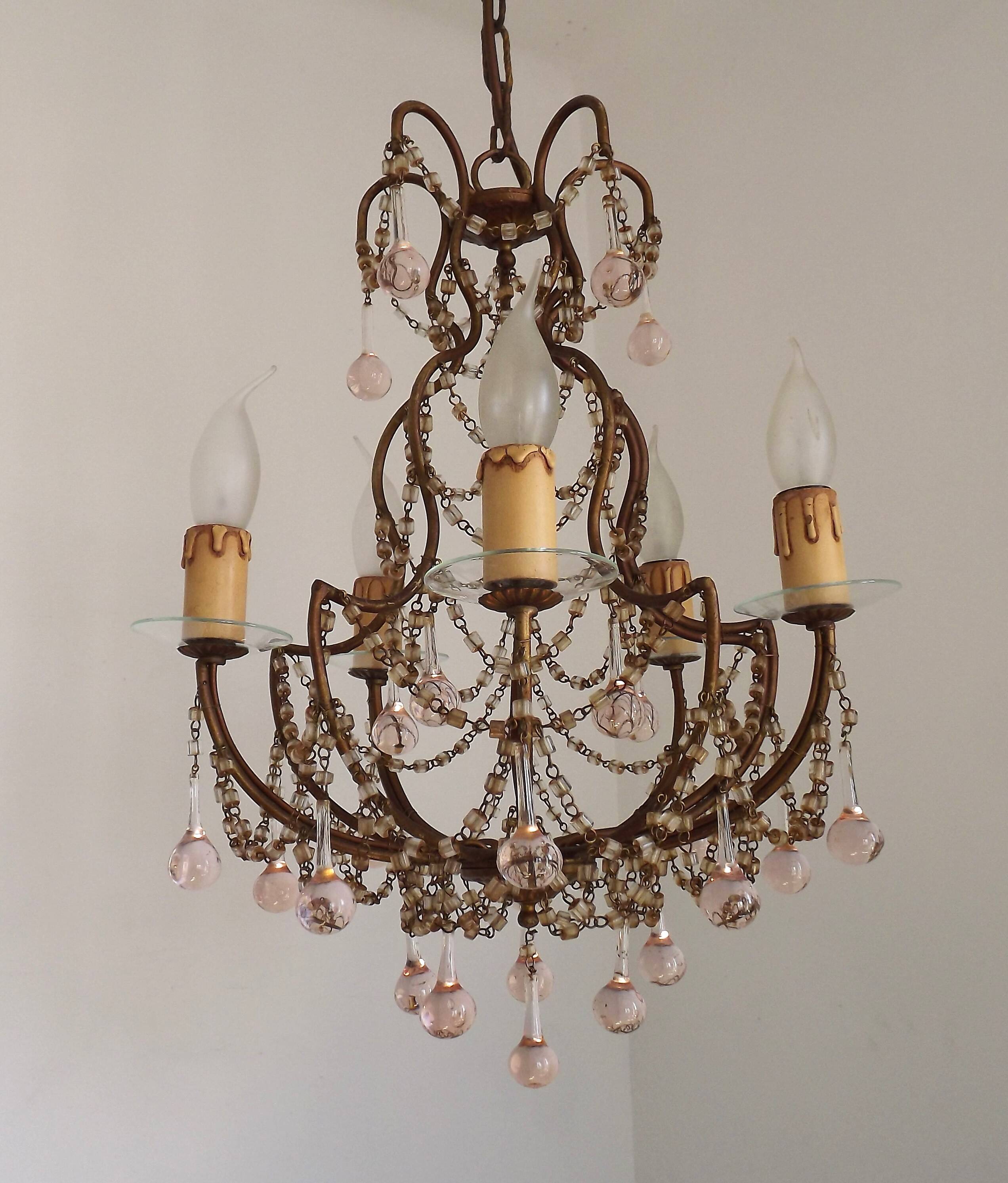 Vintage Italian 5 Arm Gilded Metal Cage Chandelier Beads &Pink Murano Drops