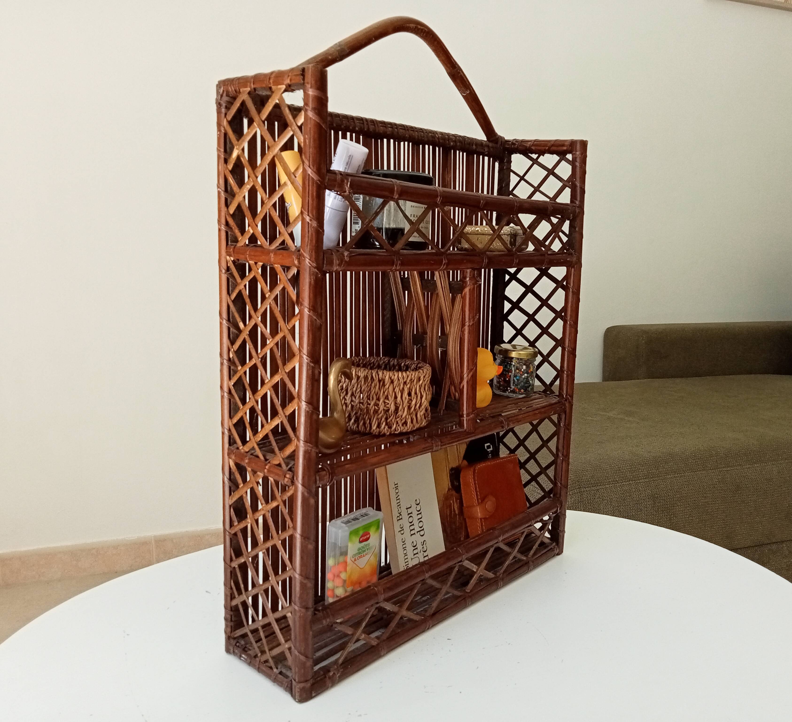 Vintage bamboo and rattan wall shelf from the 70s