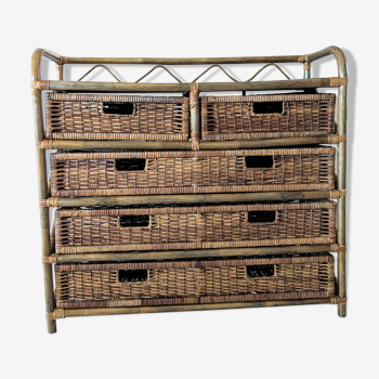 Vintage rattan and wicker chest of drawers