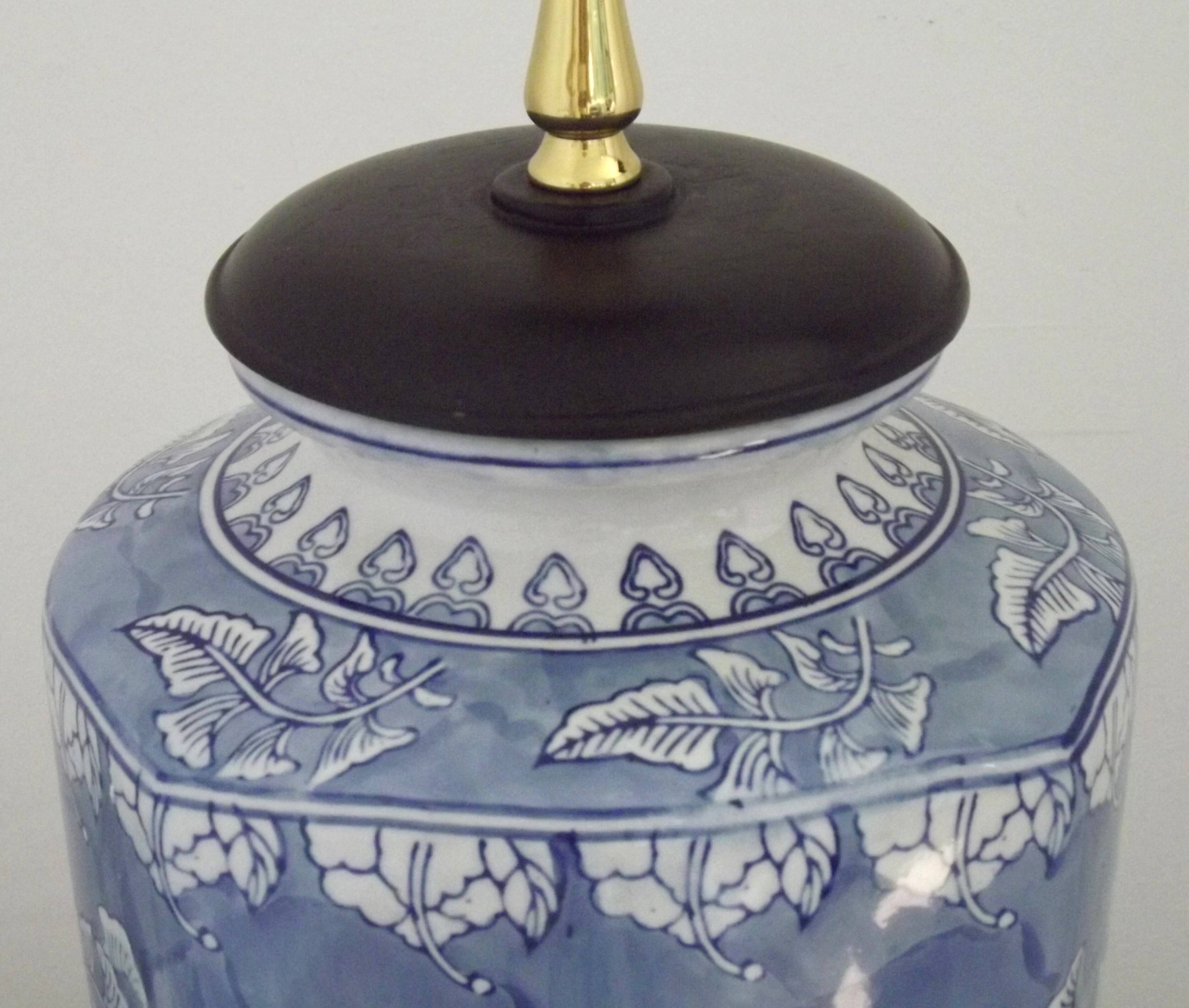Tall Blue & White Oriental Style Ceramic Table Lamp with Floral Decoration