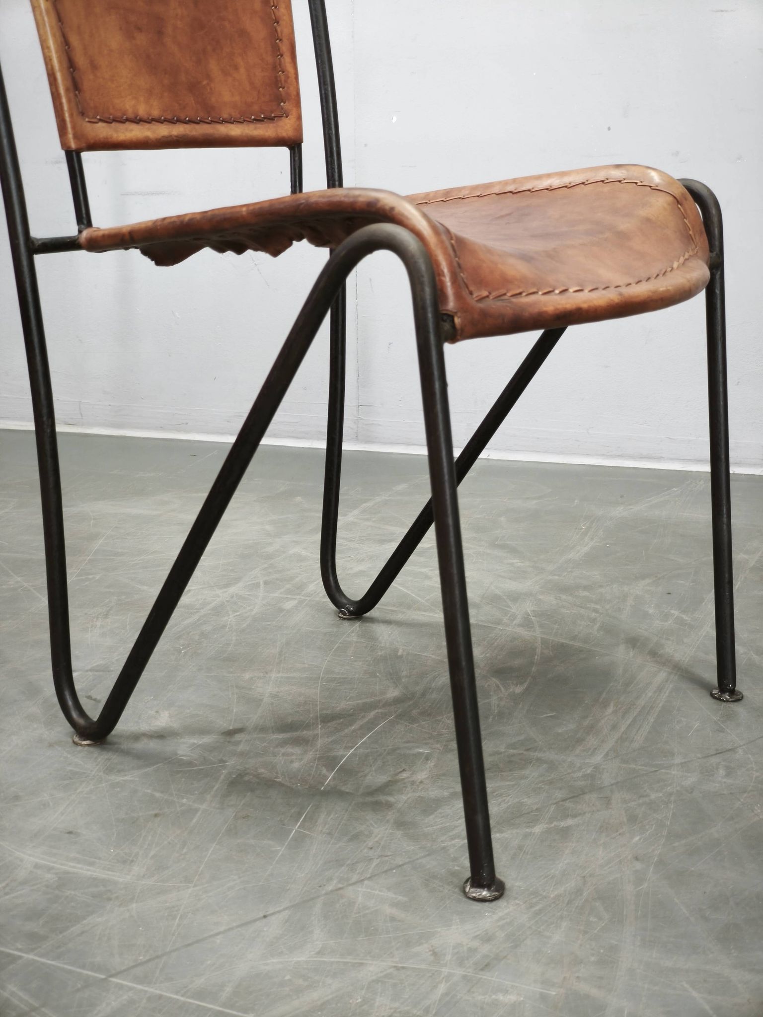 1990s European Brutalist Wrought Iron and Hand-Stitched Cognac Leather Dining Chair
