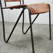 1990s European Brutalist Wrought Iron and Hand-Stitched Cognac Leather Dining Chair