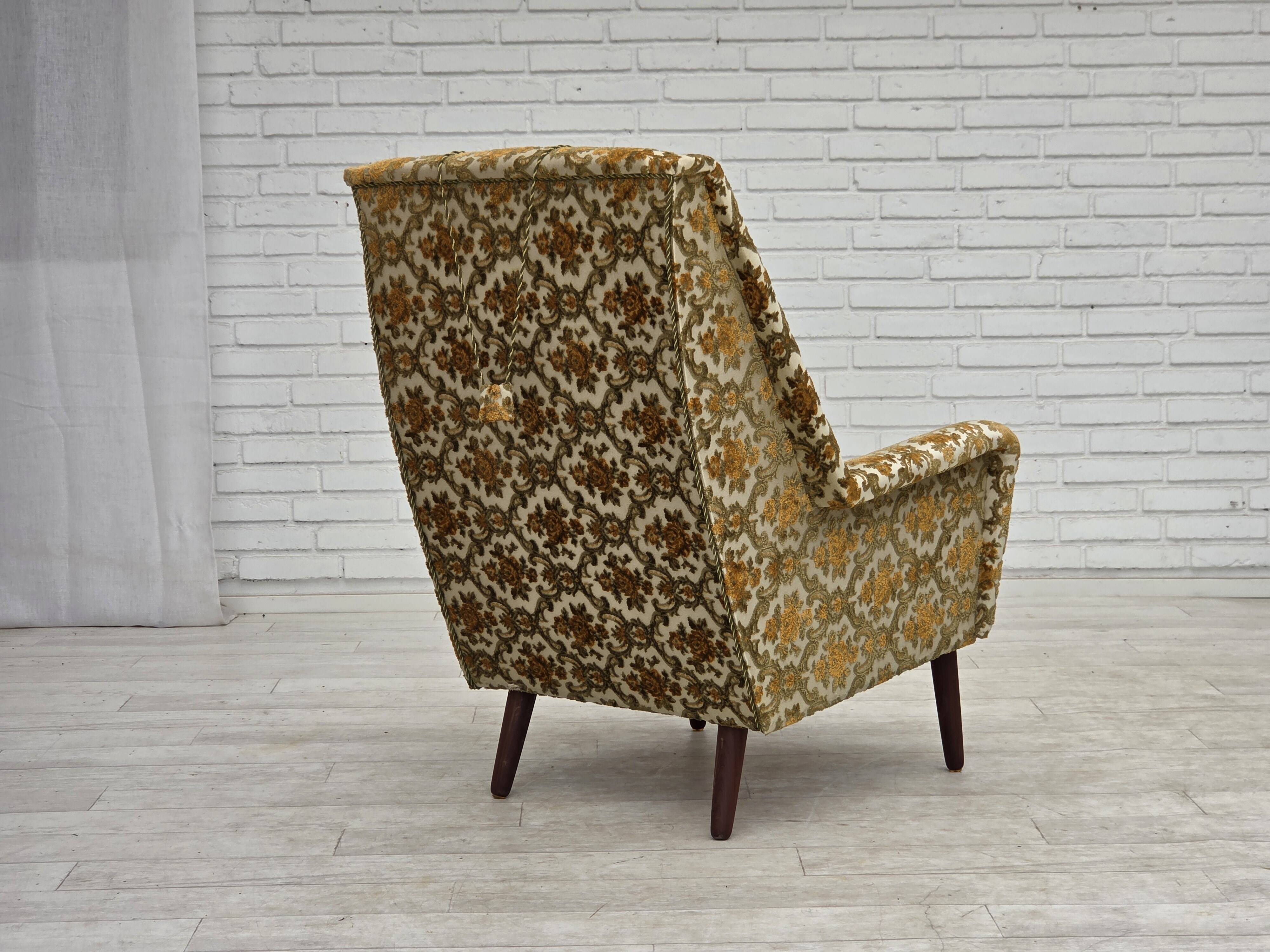1970s, Danish highback armchair, Brown/beige furniture fabric, teak wood.
