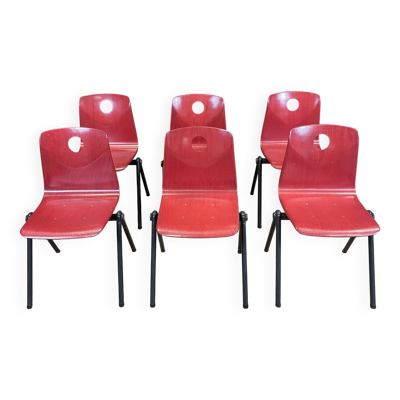 Ensemble de 6 chaises S30 Galvanitas rouge framboise et gris années 70