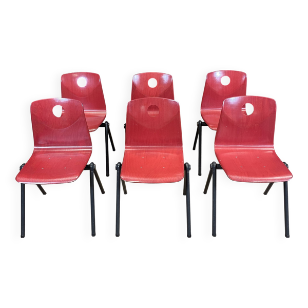 Ensemble de 6 chaises S30 Galvanitas rouge framboise et gris années 70