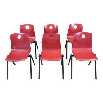 Ensemble de 6 chaises S30 Galvanitas rouge framboise et gris années 70
