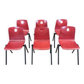 Set of 6 S30 Galvanitas chairs in raspberry red and grey from the 70s