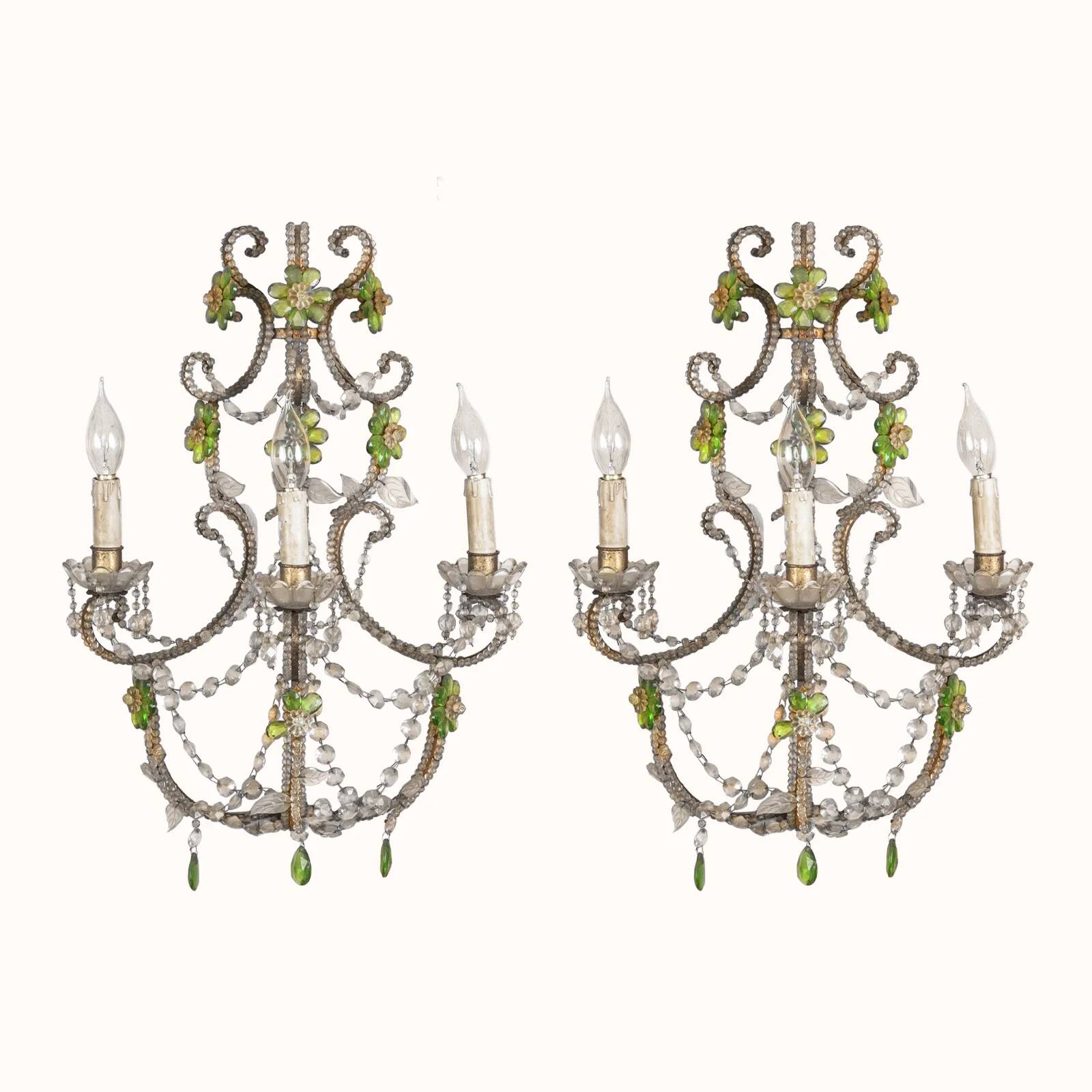 Italian crystal wall sconces with bead flowers in green (pair)