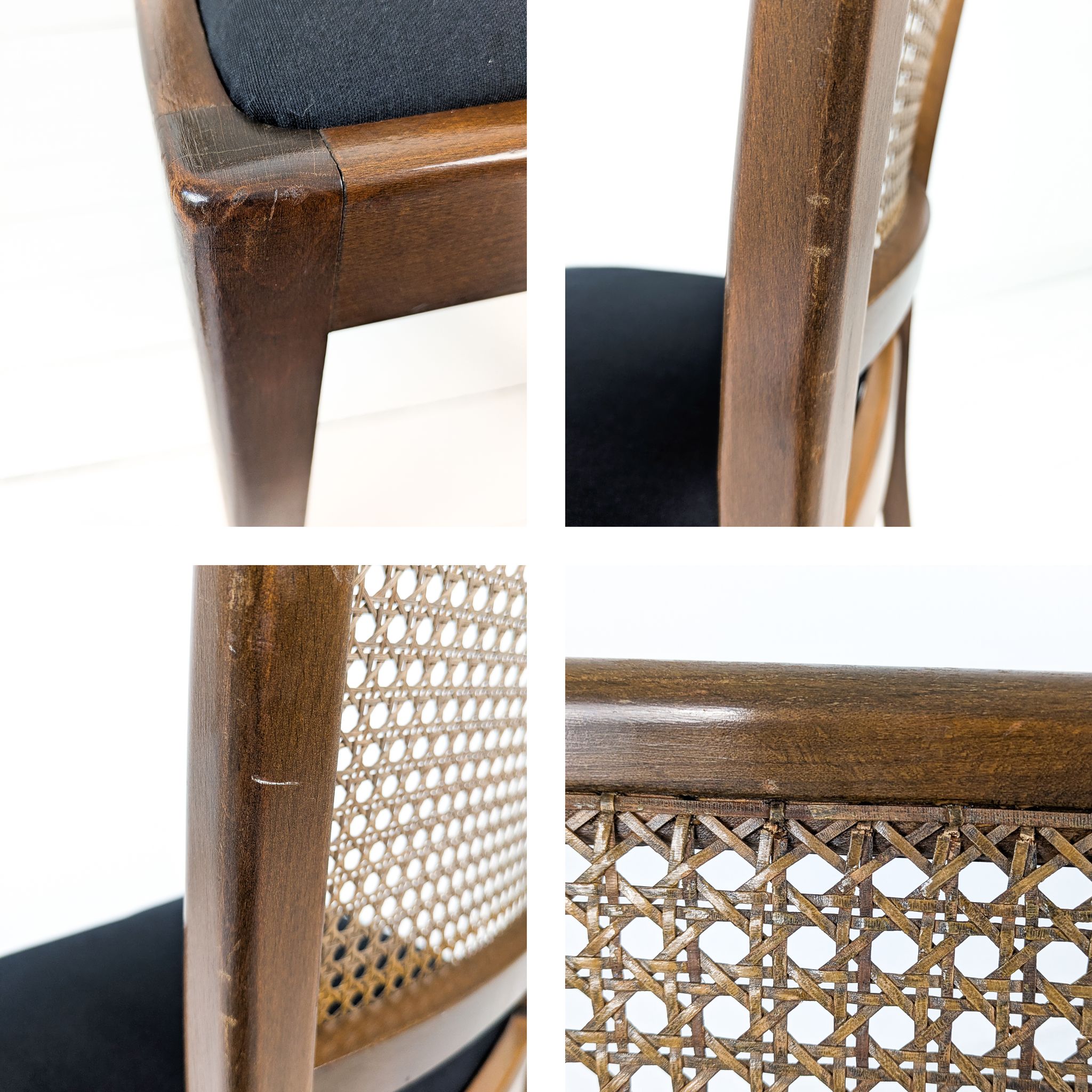Lot de 4 chaises vintage en bois, cannage viennois et assise noire