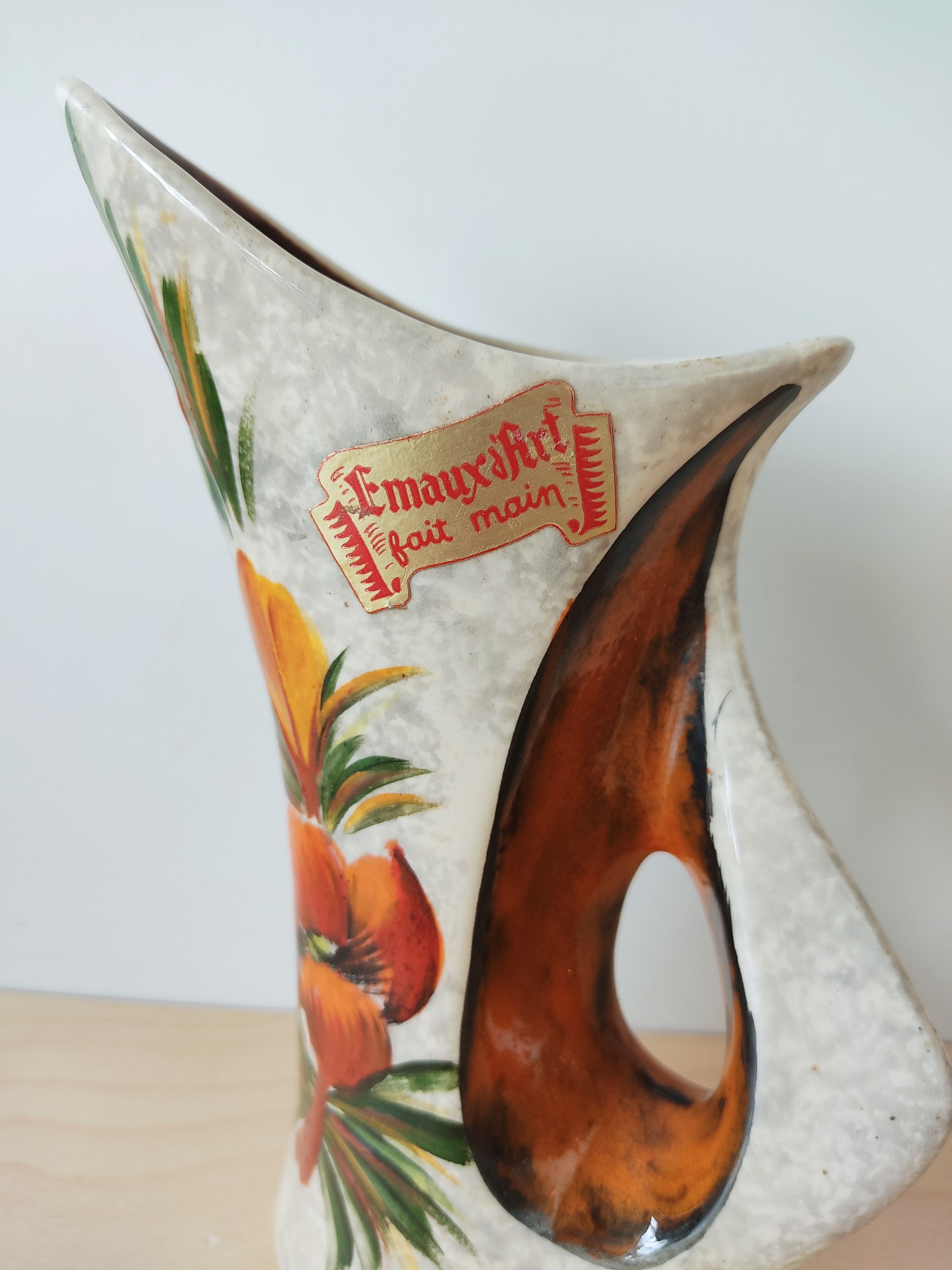 Vintage vase enamels of flowers signed Tess