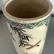 Roller Vase Brush pot with ceramic bird motifs Signed China