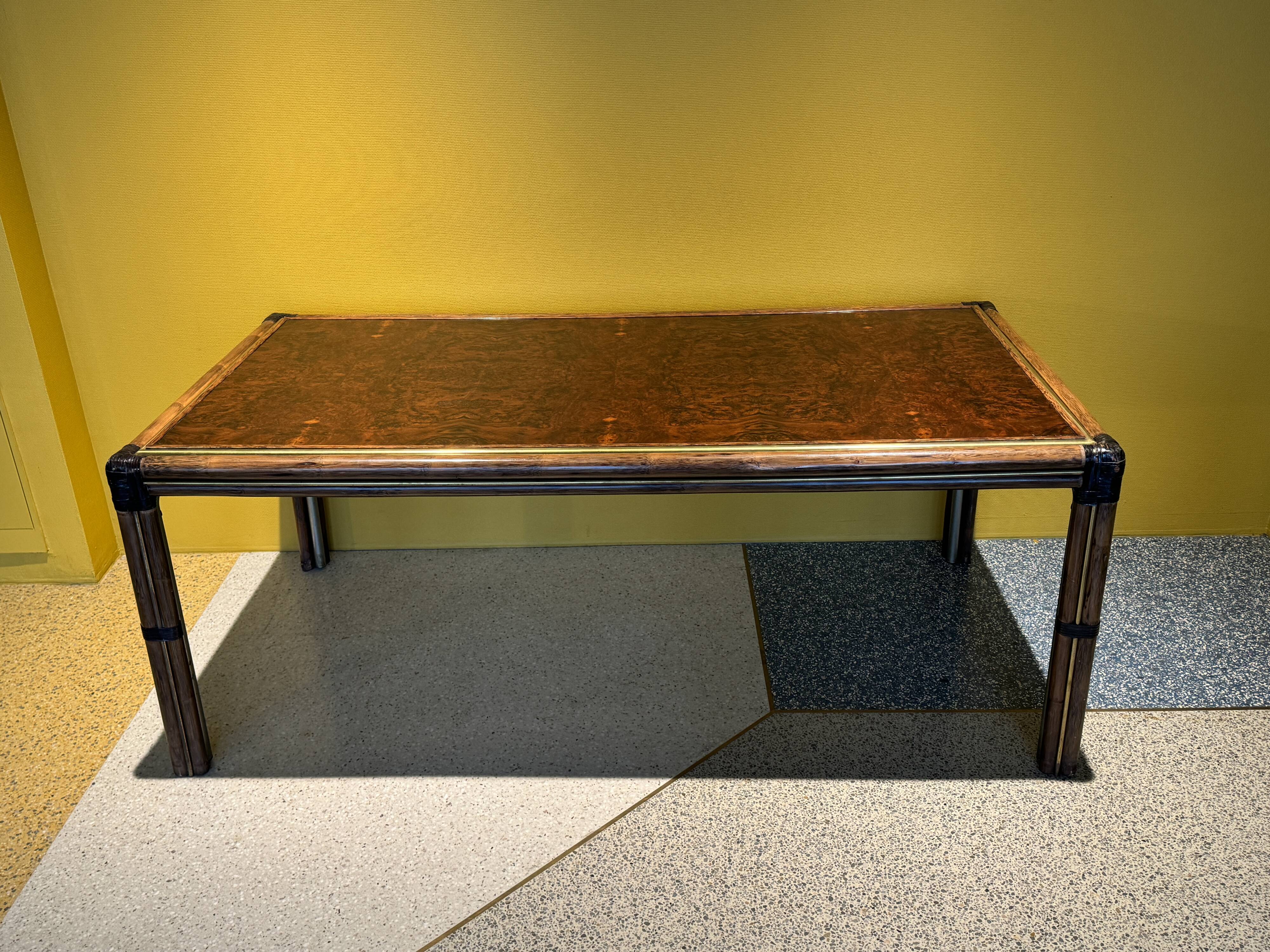 Bamboo And Burlwood Top Dining Table, Italy, 1970's