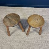 Pair of solid wood tripod stools with turned legs, 60s France