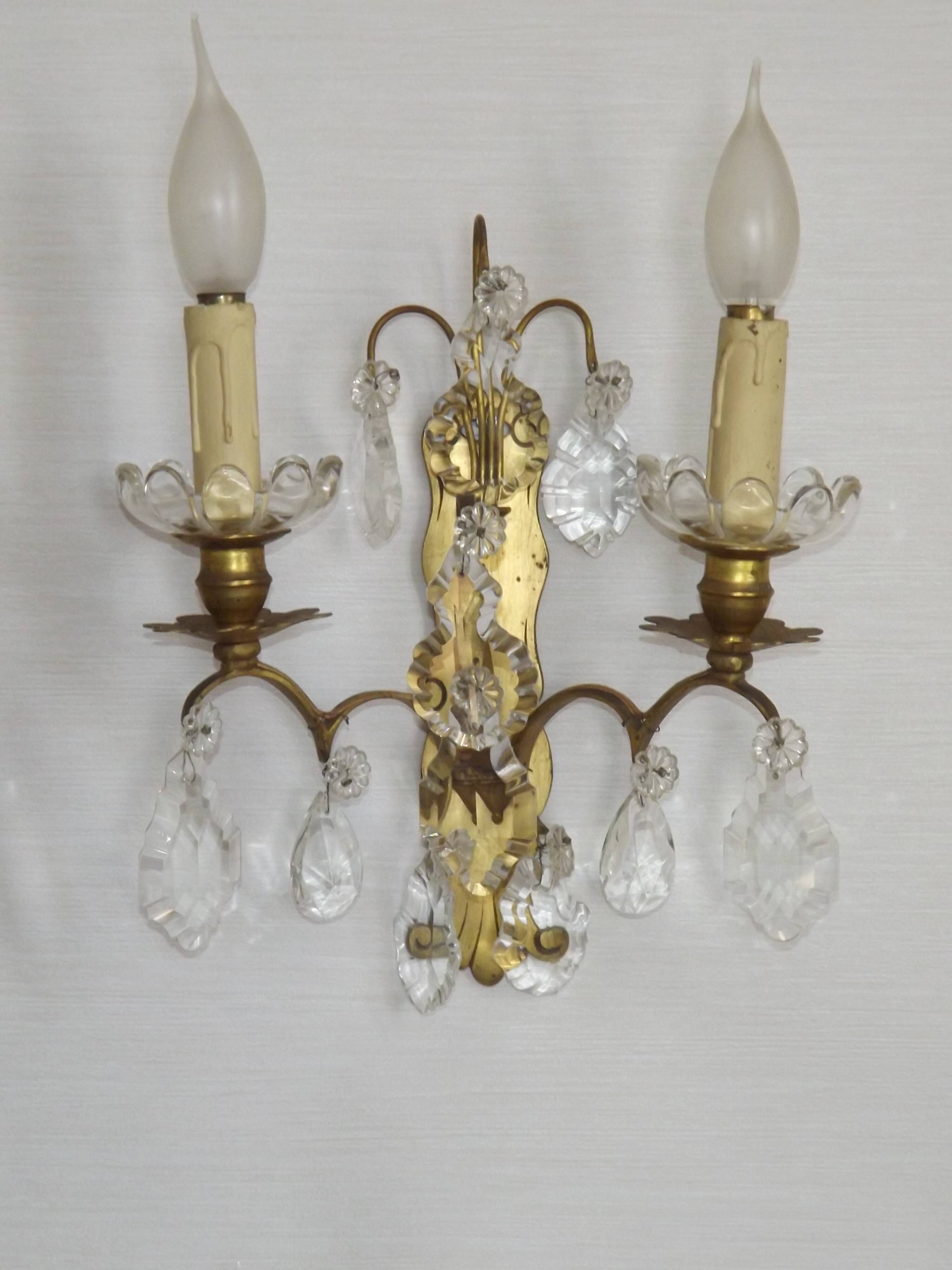 Pair of French Double Brass & Glass Wall Lights Adorned With Crystals