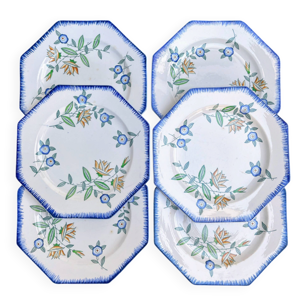 Lot de 6 assiettes anciennes octogonales Longwy – Vieux Longwy