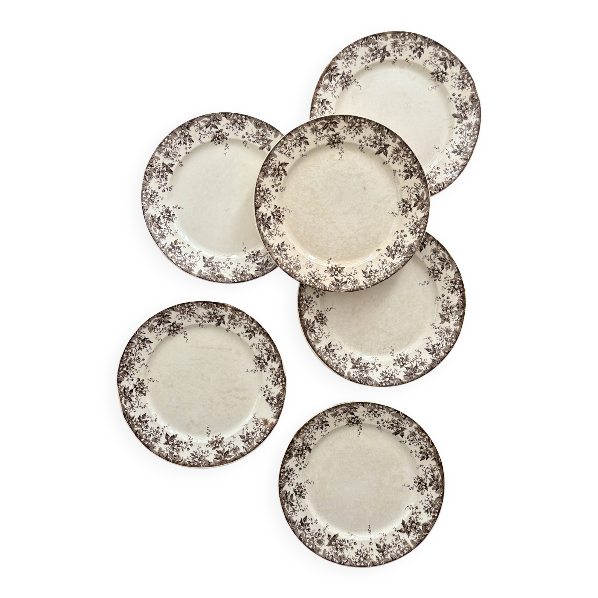 Set of 6 antique ironstone dinner plates, Alphand pattern