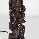 African carved ebony lamp, "Hunters, buffalo and crocodile"