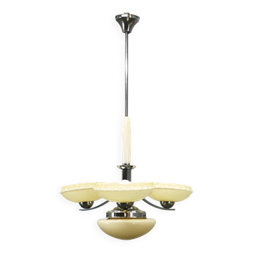 1930s Art Deco Chrome and Champagne Glass Chandelier, Czechoslovakia