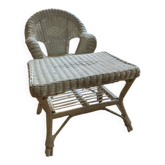 Fauteuil et table enfant en rotin blanc