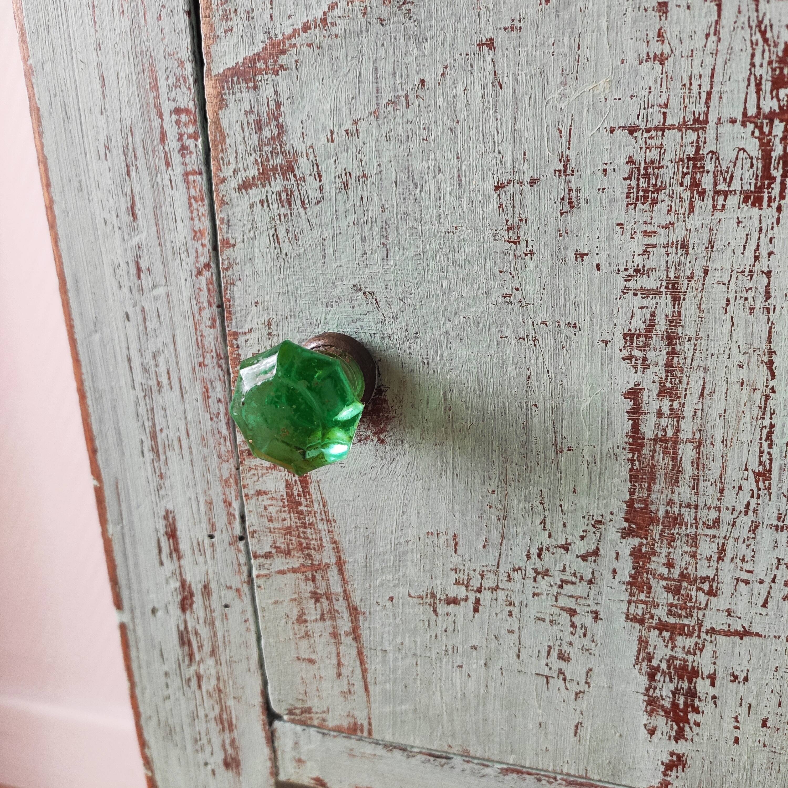 Patinated bedside table end of sofa